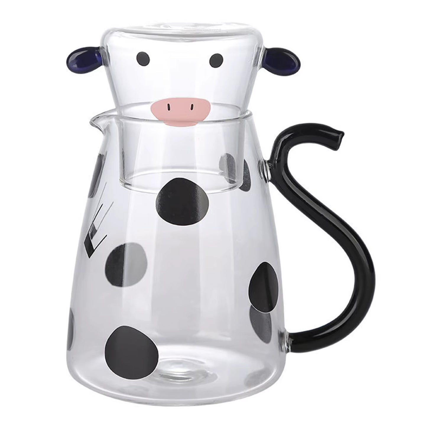 Glass Cold Water Kettle with Handle Lovely Cartoon Cow Cold Cup Flowering Teapot Milk Iced Beverage Bottle Jug Kitchen Supplies