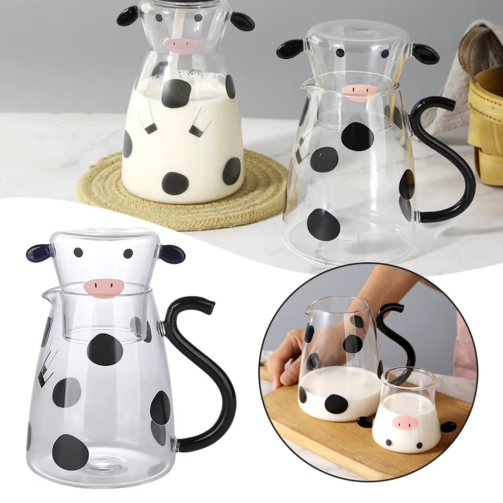 Glass Cold Water Kettle with Handle Lovely Cartoon Cow Cold Cup Flowering Teapot Milk Iced Beverage Bottle Jug Kitchen Supplies