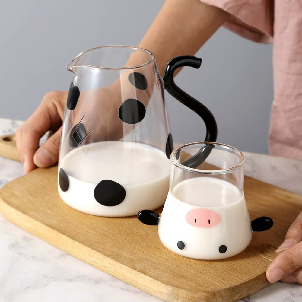 Glass Cold Water Kettle with Handle Lovely Cartoon Cow Cold Cup Flowering Teapot Milk Iced Beverage Bottle Jug Kitchen Supplies