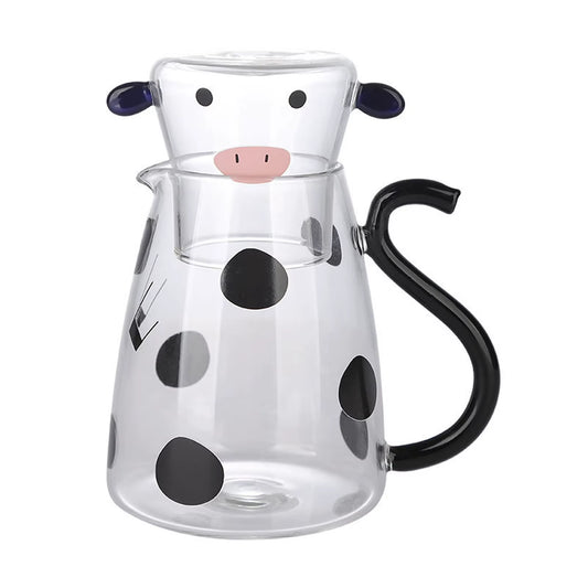 Glass Cold Water Kettle with Handle Lovely Cartoon Cow Cold Cup Flowering Teapot Milk Iced Beverage Bottle Jug Kitchen Supplies